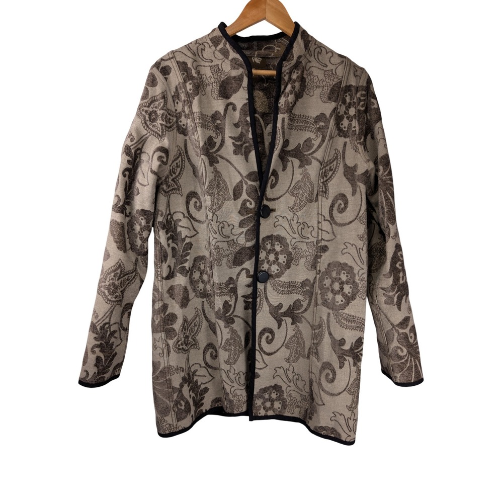 Women Reversible Floral Tapestry Jacket Longline Stand Collar Earth Tones